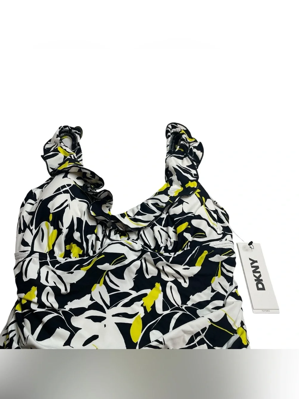 DKNY Ruffle Neck One Piece Swimsuit Fluro Yellow Multi Black Medium New - Picture 3 of 8